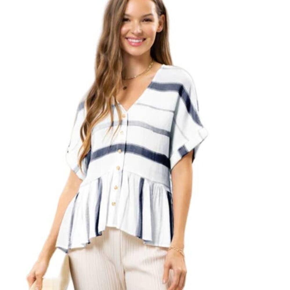 Blu Pepper Striped Peplum‎ Blouse Navy White Button Up Baby Doll Small